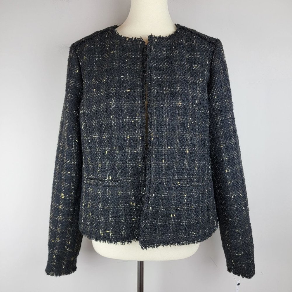 Halogen Classic Cropped Black Gold Plaid Fringe Open Crew Neck Tweed Jacket L